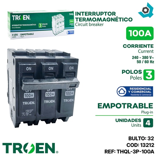 [13212] BREAKER PARA EMPOTRAR TERMOMAGNETICO 100A 3P TROEN