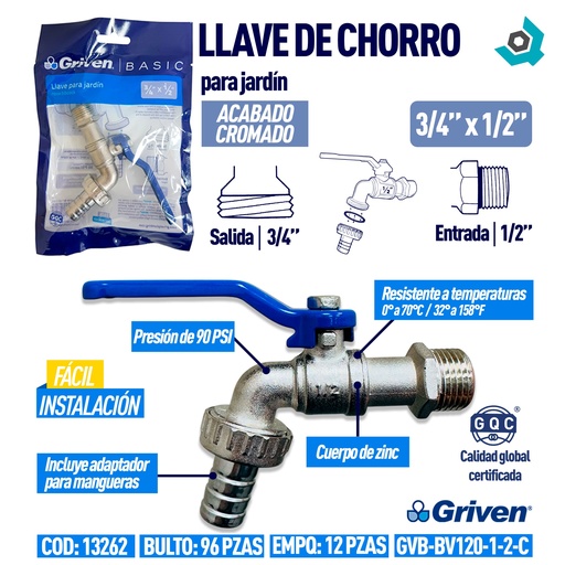 [13262] LLAVE DE CHORRO 3/4" X 1/2" GRIVEN BASIC