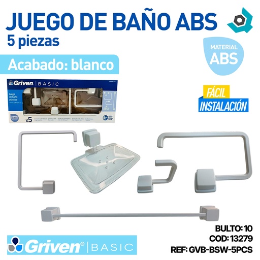 [13279] JUEGO DE BAÑO ABS 5 PZAS BLANCO GRIVEN BASIC
