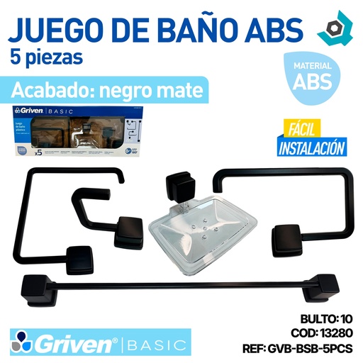 [13280] JUEGO DE BAÑO ABS 5 PZAS NEGRO GRIVEN BASIC