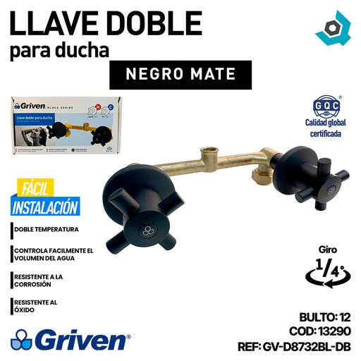 [13288] LLAVE DOBLE PARA DUCHA NEGRO MATE GRIVEN