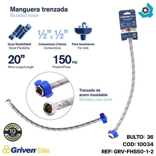 [10034] MANGUERA FLEXIBLE 1/2" X 1/2" PARA PLOMERIA GRIVEN ELITE