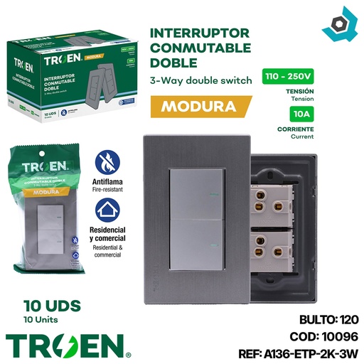 [10096] APAGADOR DOBLE 3 WAY PLATEADO TROEN