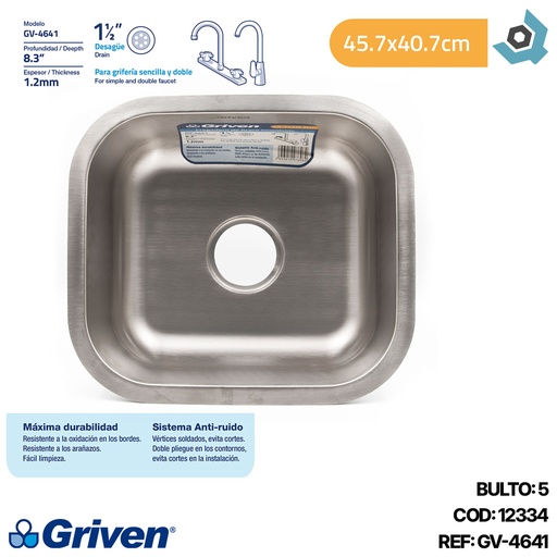 [10163] FREGADERO INDIVIDUAL 45.7X40.7CM ACERO INOXIDABLE GRIVEN