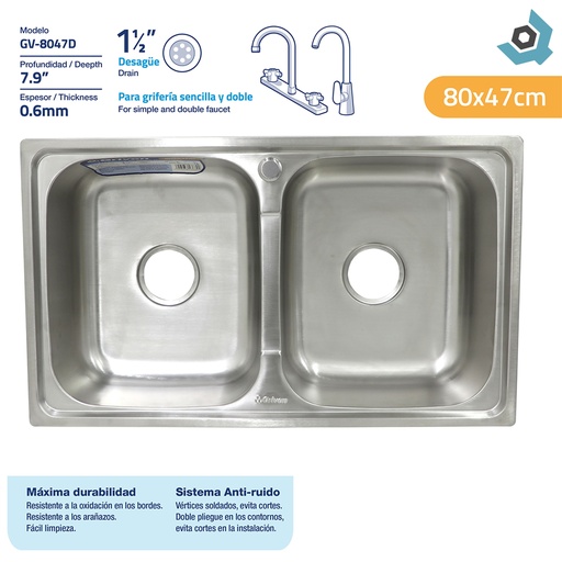 [10201] FREGADERO DOBLE 80CM X 47CM ACERO INOXIDABLE GRIVEN