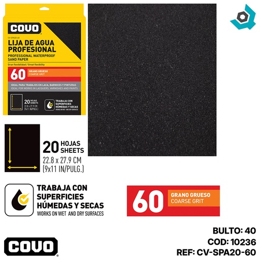 [10236] LIJA DE AGUA 9" X 11" GRANO 60 GRUESO COVO