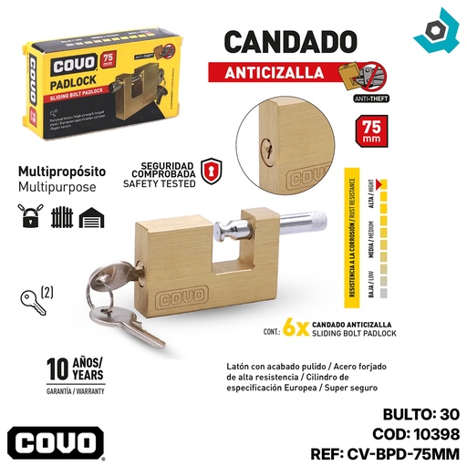 [10398] CANDADO 75MM ANTICIZALLA COVO