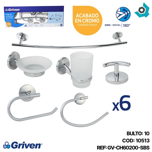 [10513] JUEGO DE ACCESORIOS DE BANO 6 PIEZAS CROMADO GRIVEN