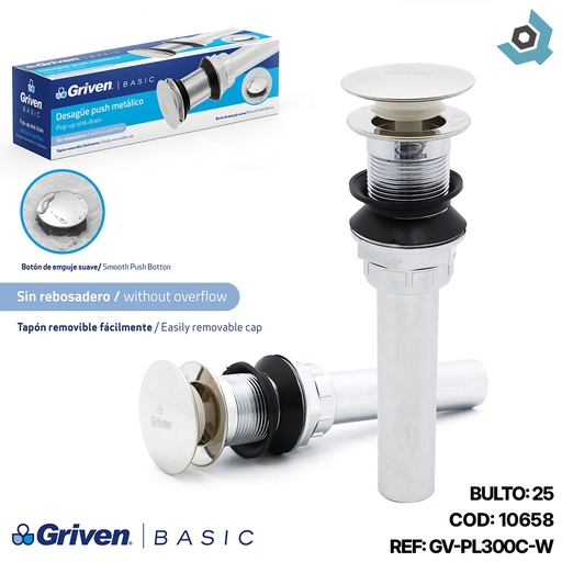 [10658] DESAGUE PUSH PLASTICO CROMADO SIN REBOSADERO GRIVEN BASIC