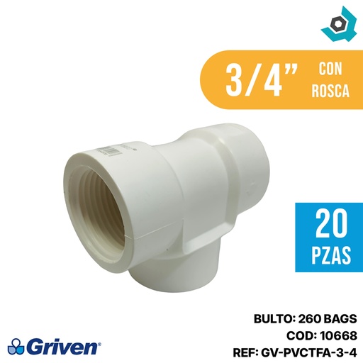 [10668] TEE SENCILLA DE PVC 3/4" CON ROSCA BLANCO GRIVEN