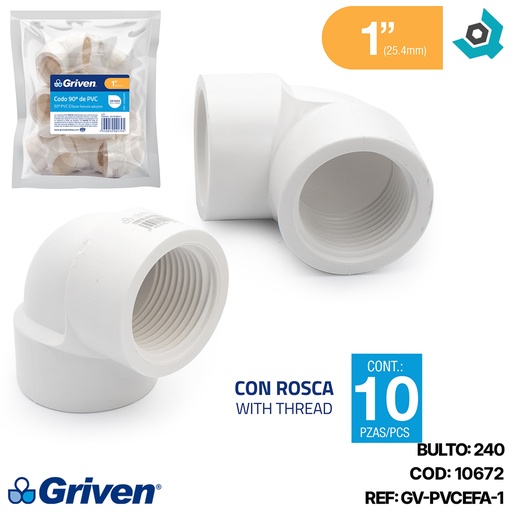 [10672] CODO 90GR DE PVC 1" CON ROSCA BLANCO GRIVEN