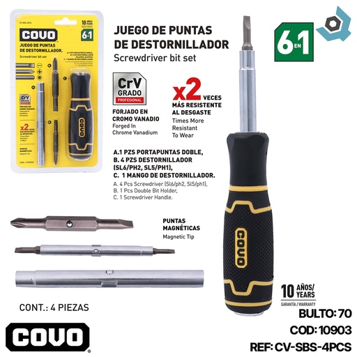 [10903] JUEGO DE PUNTAS DE DESTORNILLADOR 6 EN 1 DE 4 PIEZAS COVO
