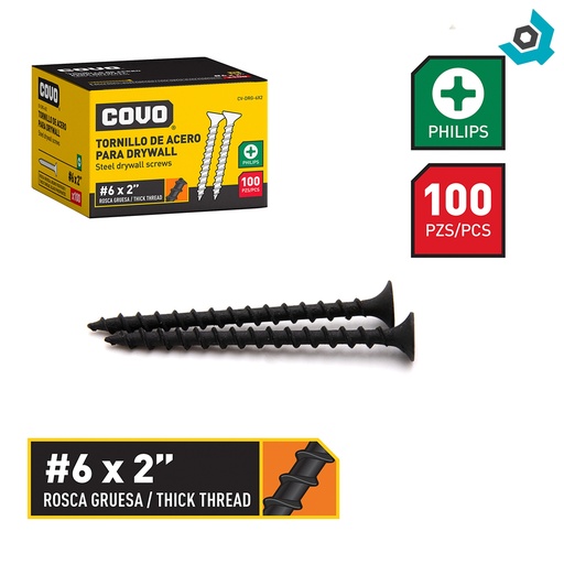 [10959] TORNILLO DRYWALL NRO.6 X 2" ROSCA GRUESA 100PZA COVO