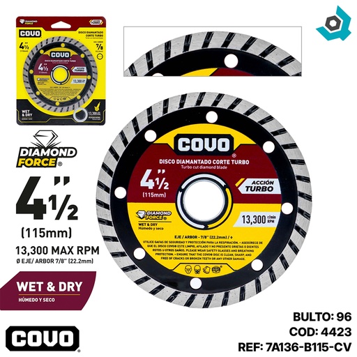 [4423] DISCO DIAMANTADO 4 1/2" DE CORTE TURBO COVO
