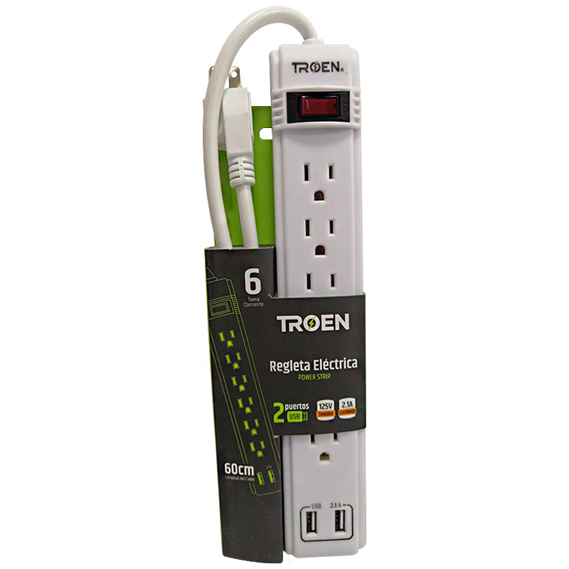 REGLETA ELECTRICA 6 TOMAS CON PUERTO USB TROEN
