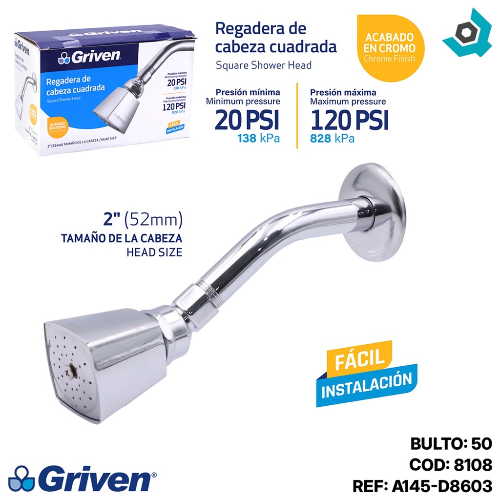 REGADERA PARA BANO 2" CABEZA CUADRADA GRIVEN