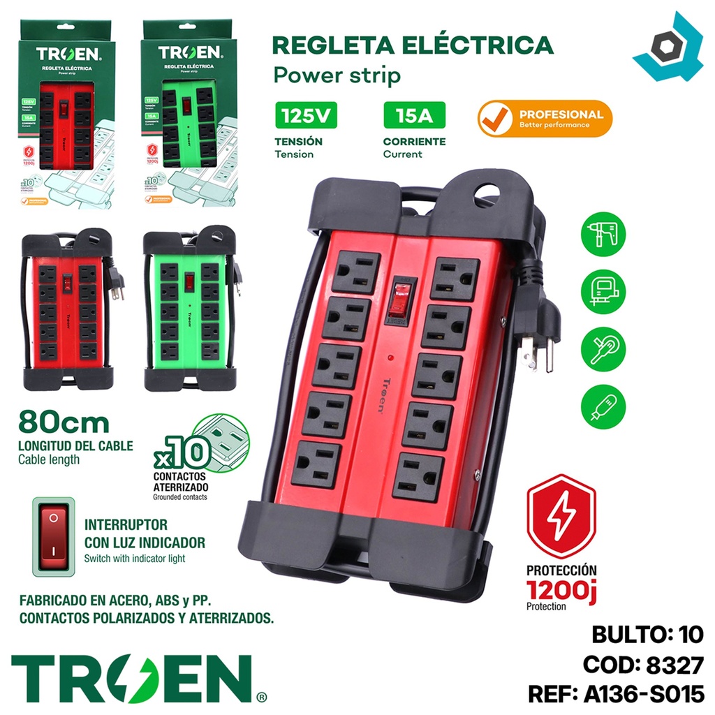 REGLETA ELECTRICA 10 TOMAS CON TIERRATROEN