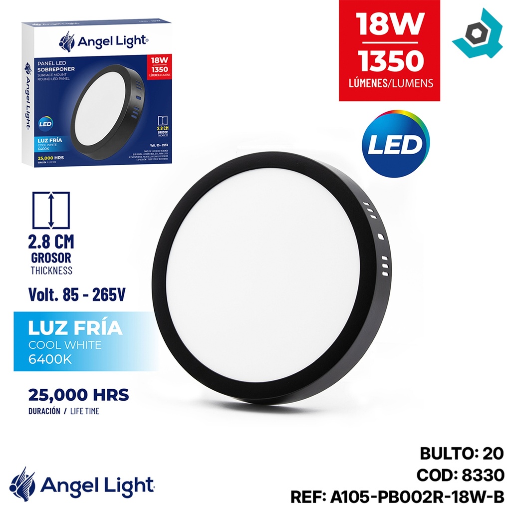 LAMPARA LED SUPERFICIAL REDONDA 18W 8.5" LUZ BLANCA ANGEL LIGHT