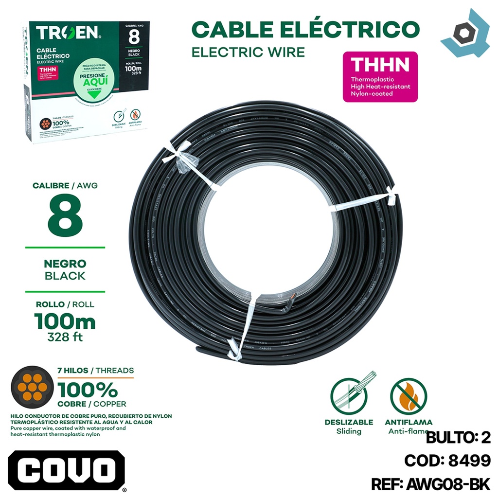 CABLE ELECTRICO 8 AWG NEGRO 7 HILOS TROEN