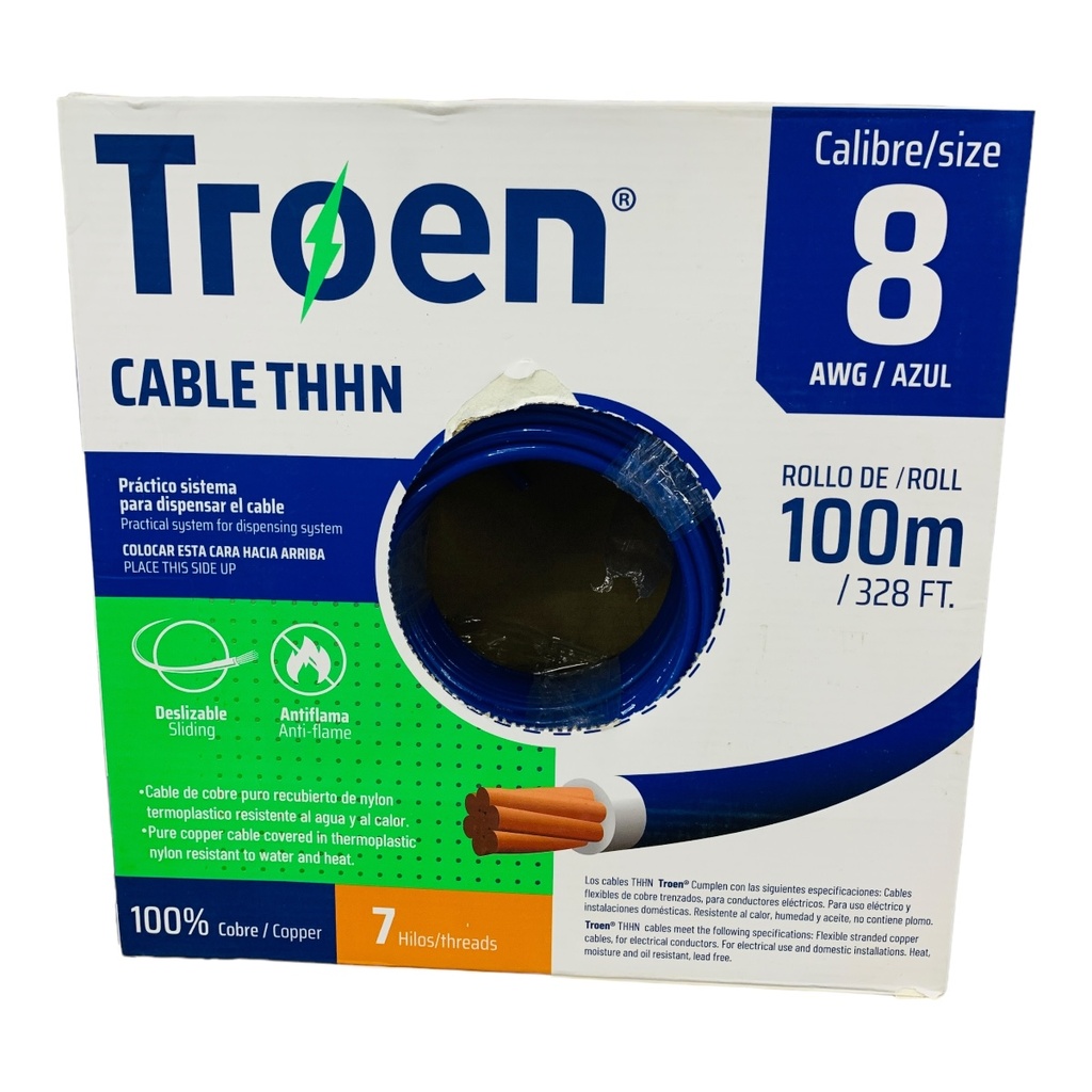 CABLE ELECTRICO 8 AWG AZUL 7 HILOS TROEN