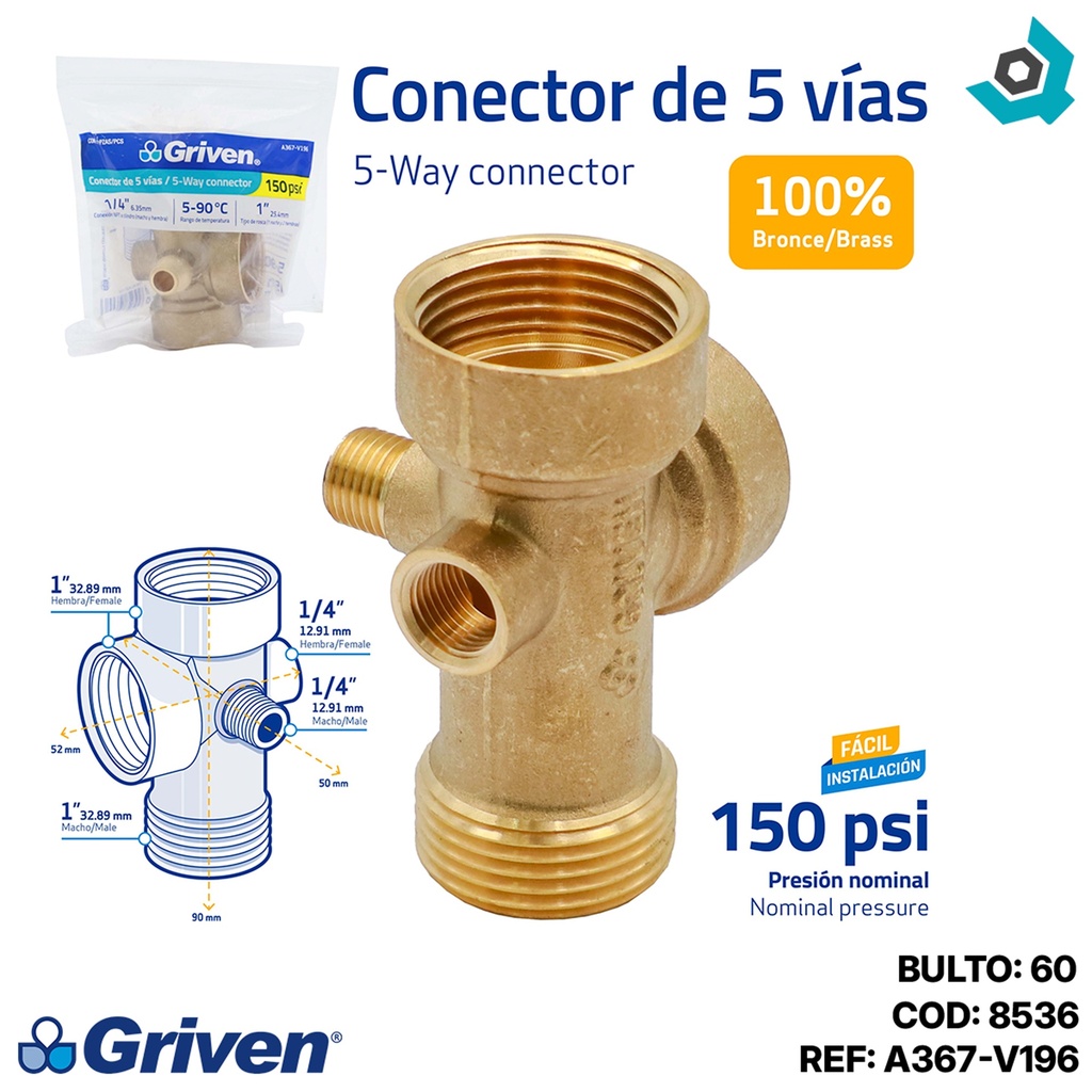 VALVULA DE BRONCE 5 VIAS GRIVEN