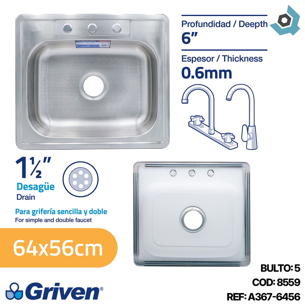 FREGADERO INDIVIDUAL 39 X 53 CM ACERO INOXIDABLE GRIVEN (1PZAS)