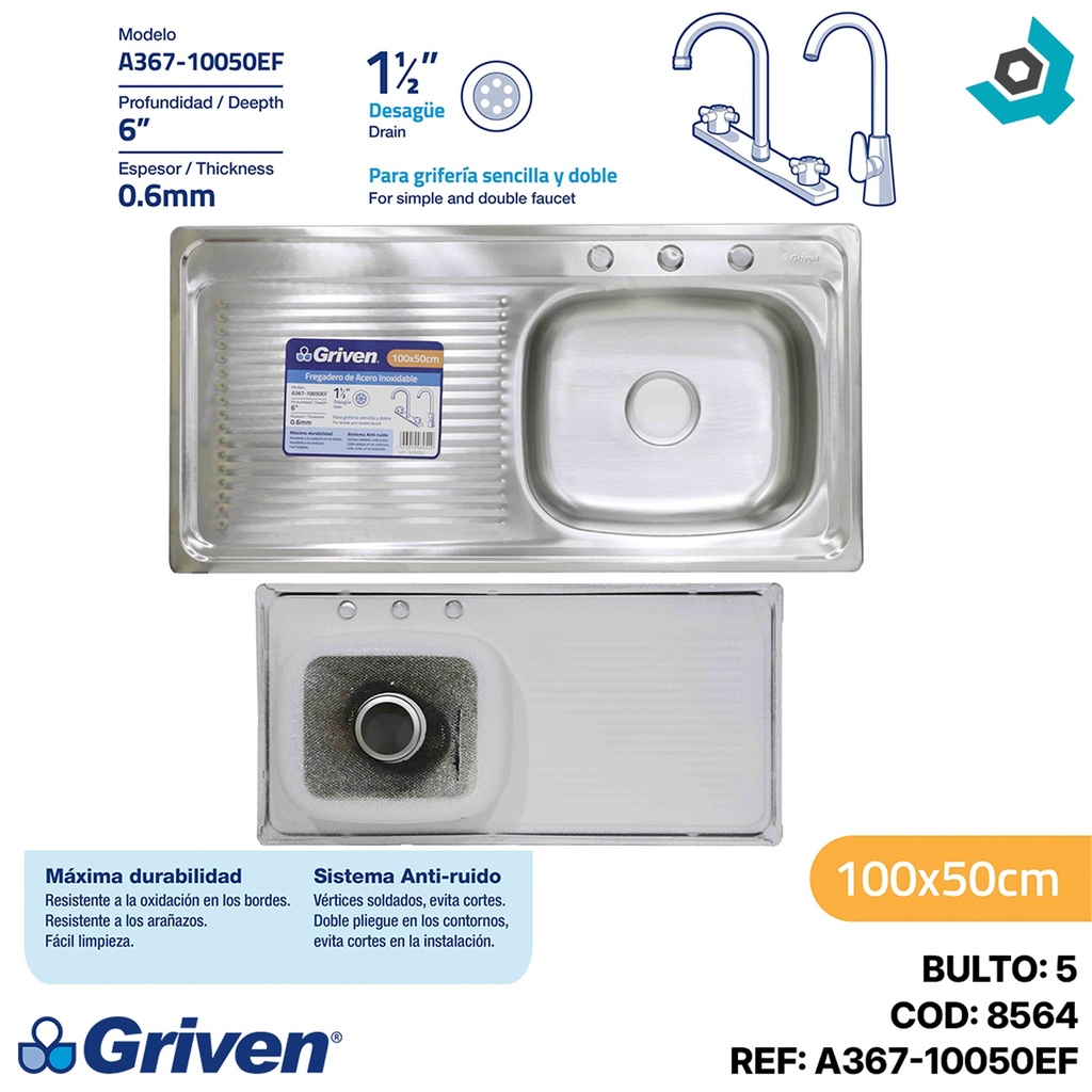 FREGADERO INDIVIDUAL 42 X 35 CM CON ESCURRIDOR GRIVEN