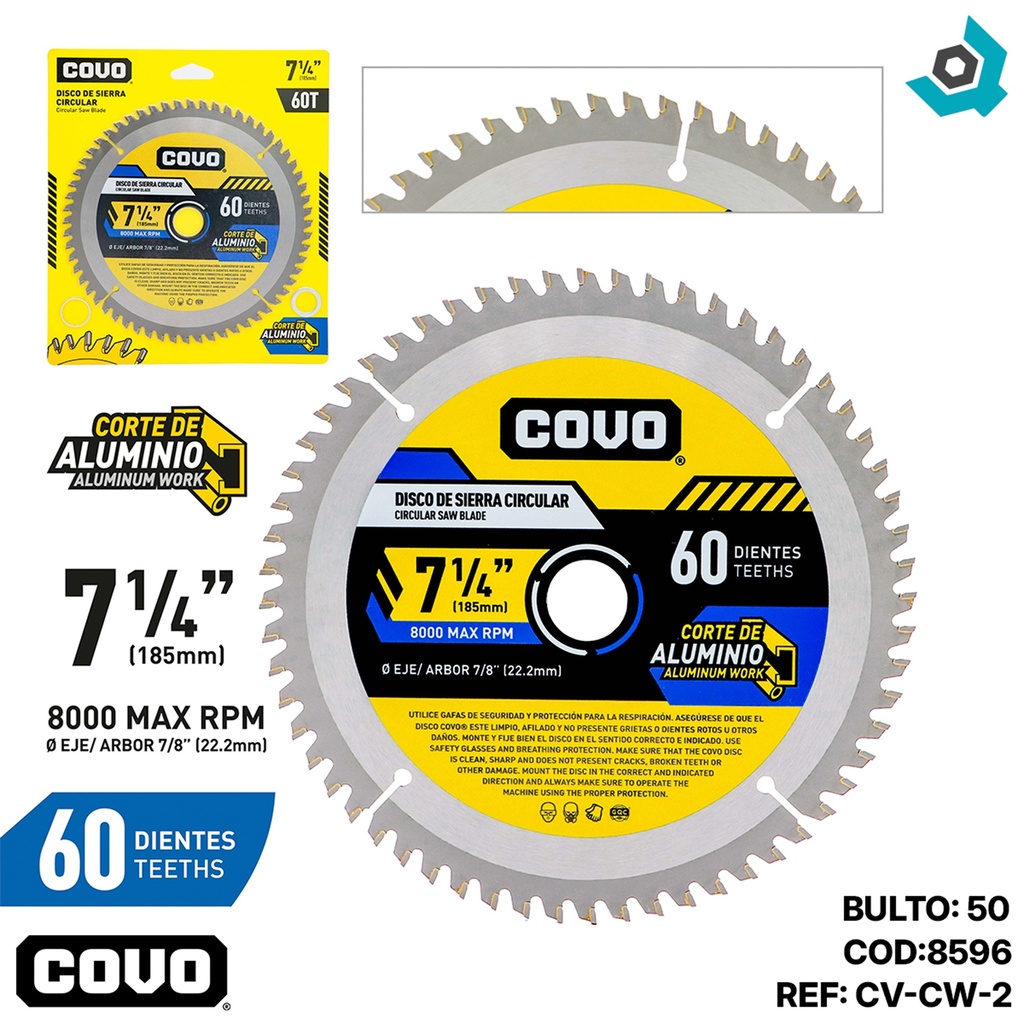 DISCO DE SIERRA 7 1/4" PARA ALUMINIO COVO