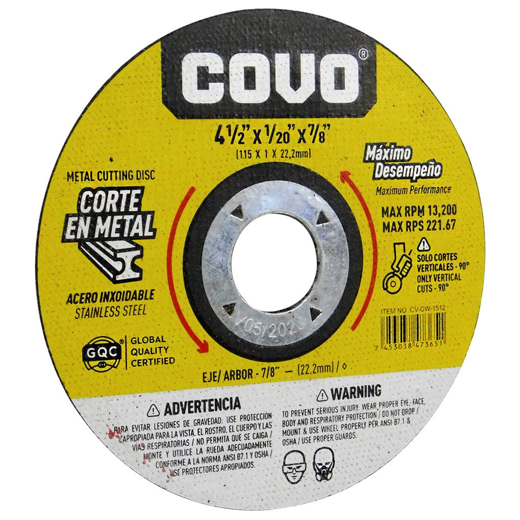 DISCO PARA CORTE 4 1/2" DE METAL COVO