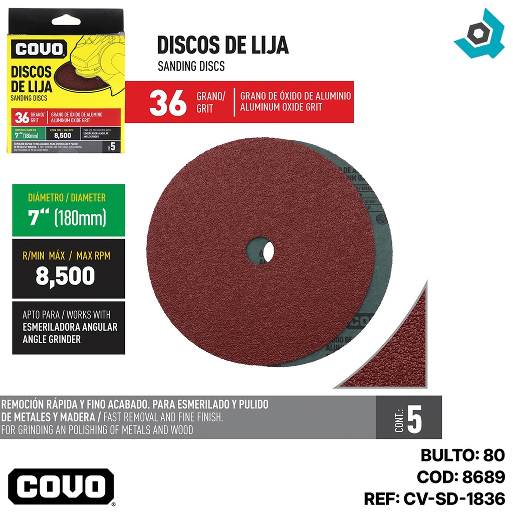 DISCO DE LIJA 7" X 7/8" GRANO 36 COVO
