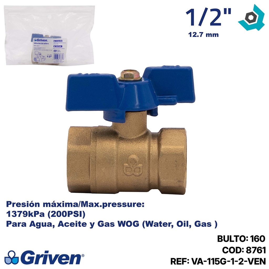 VALVULA 1/2" DE BRONCE ROSCADA GRIVEN