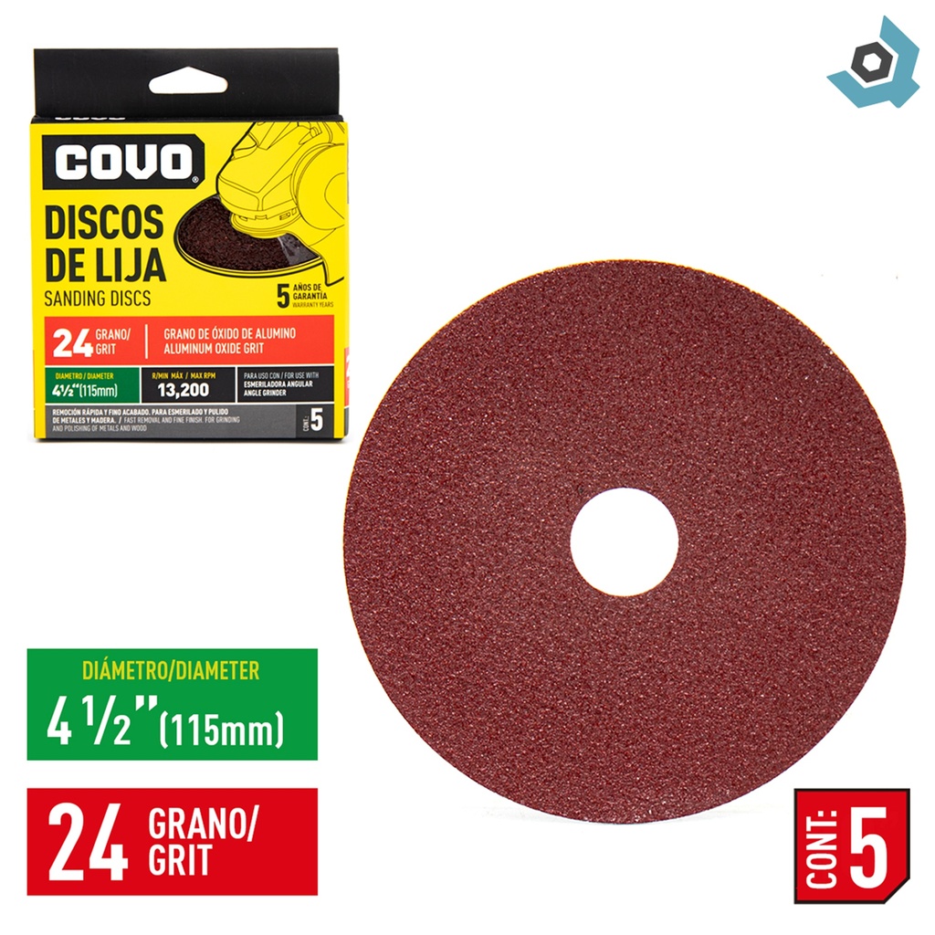 DISCO DE LIJA 4 1/2" X 7/8" GRANO 24 COVO