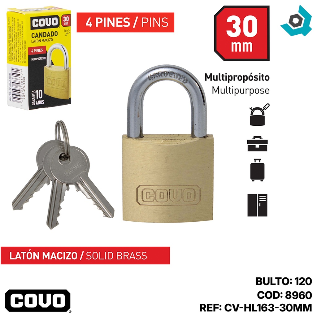 CANDADO 30MM LATON MACIZO COVO