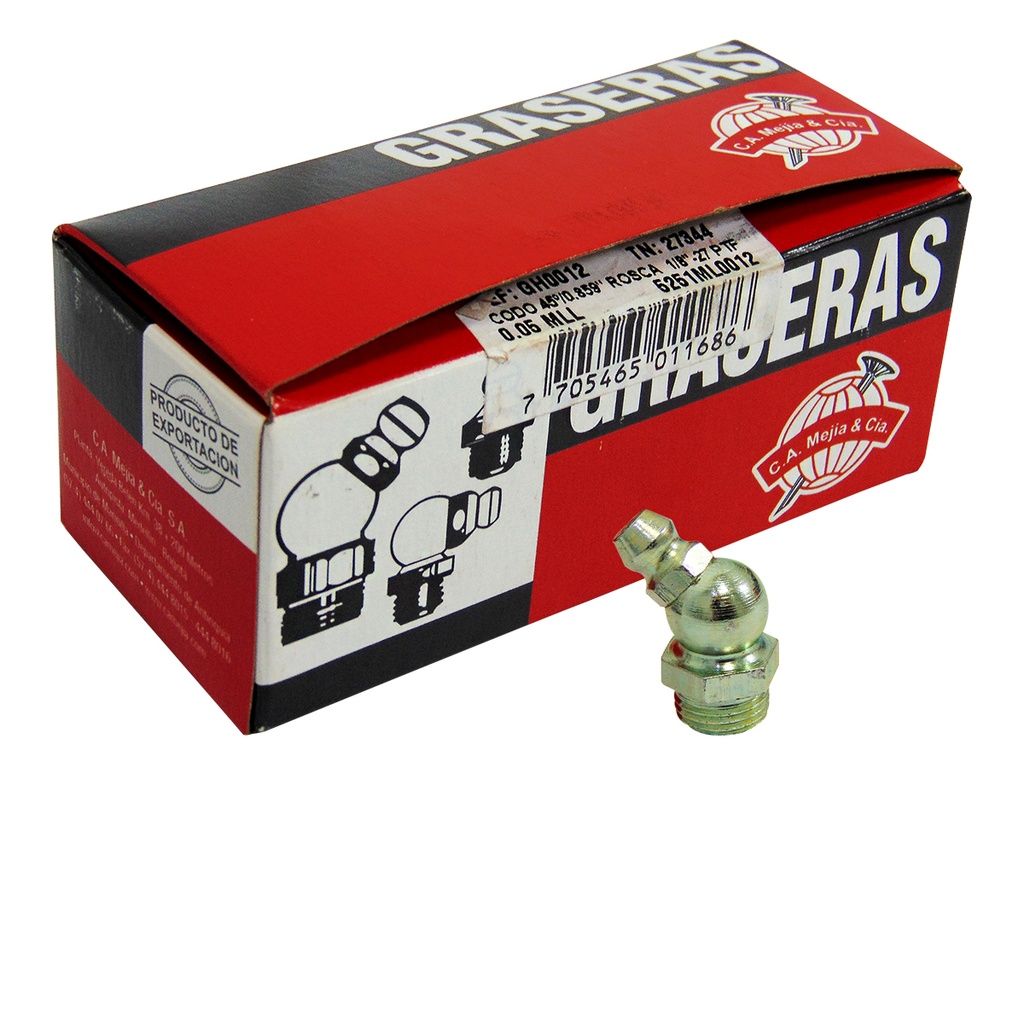 GRASERA 1/8" N.P.T 12 CODO 45 GRADOS MEJIA