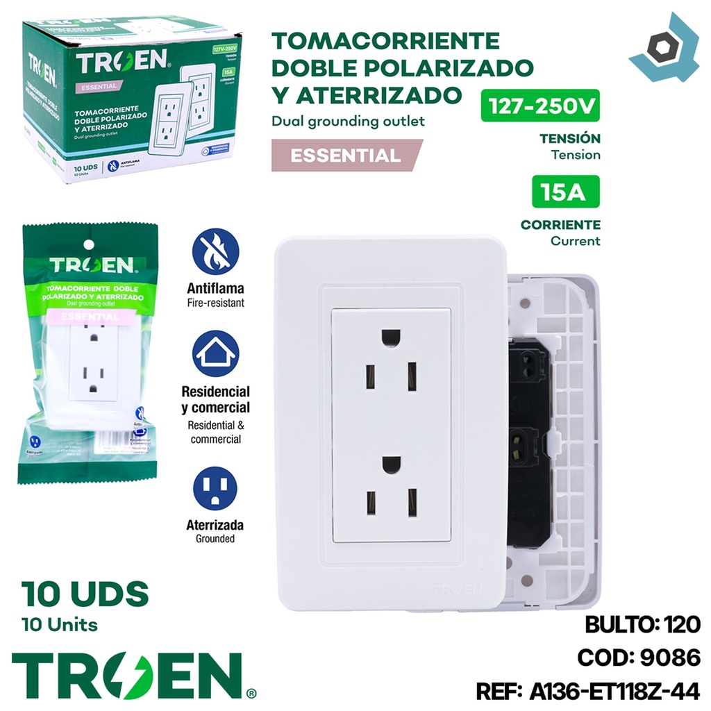 TOMACORRIENTE DOBLE BLANCO CON TIERRA TROEN
