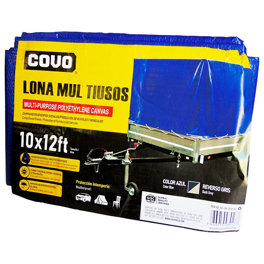 LONA MULTIUSOS 10X12FT DE POLIETILENO AZUL COVO