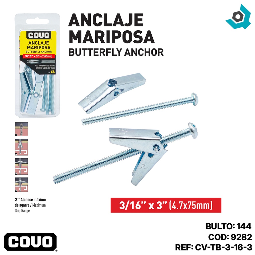 TORNILLO 3/16" CON ANCLAJE MARIPOSA COVO