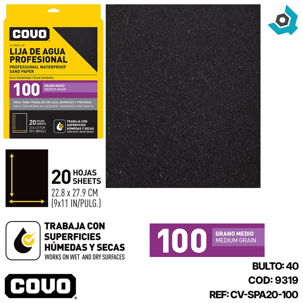 LIJA DE AGUA 9" X 11" GRANO 100 MEDIO COVO