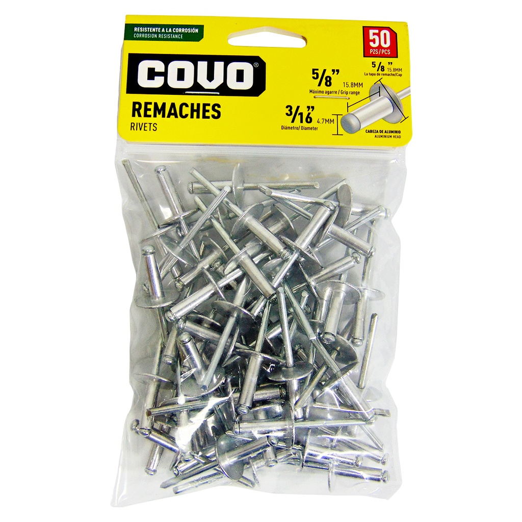 REMACHES 3/16" X 5/8" ALA ANCHA 50 PIEZAS COVO