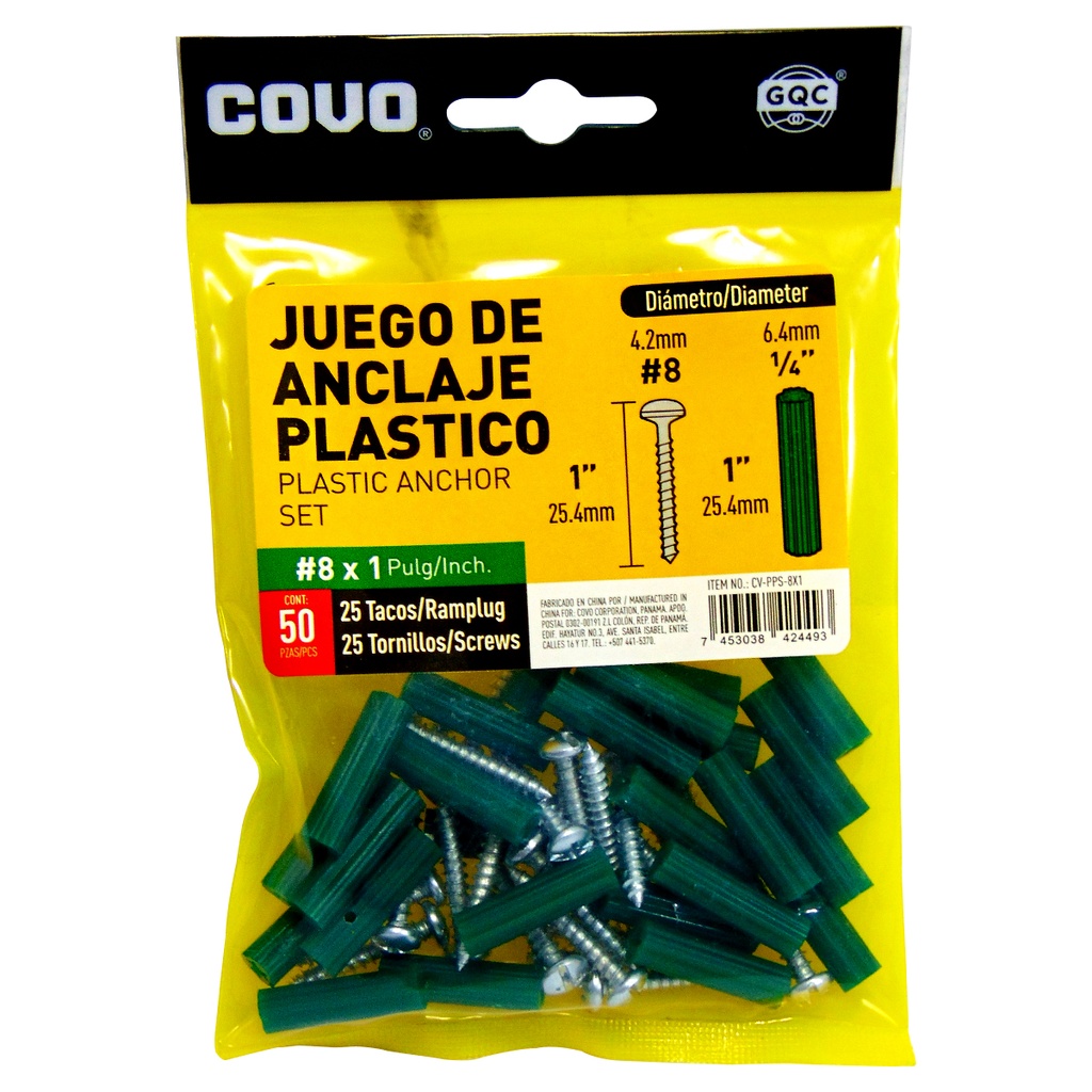 TORNILLOS CON RAMPLUG 8 X 1" 50 PIEZAS COVO