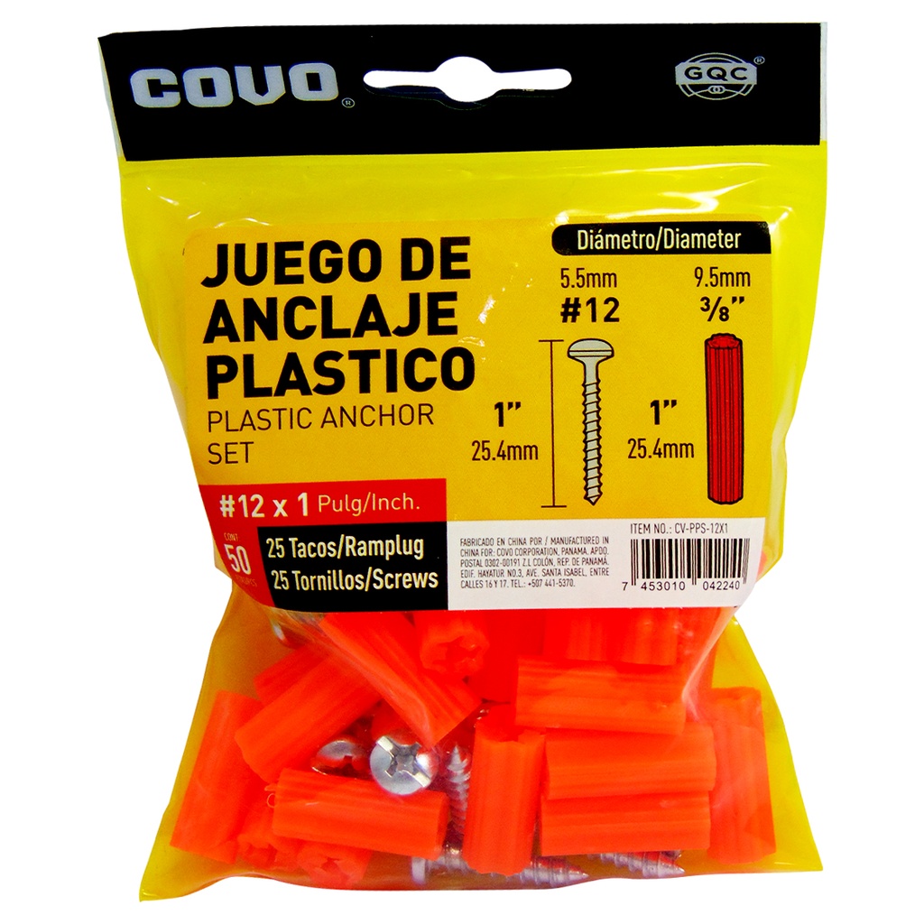 TORNILLOS CON RAMPLUG 12 X 1" 50 PIEZAS COVO
