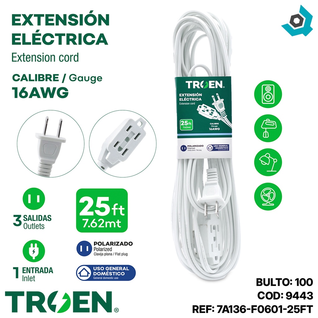 EXTENSION ELECTRICA 25FT 3 TOMAS TROEN