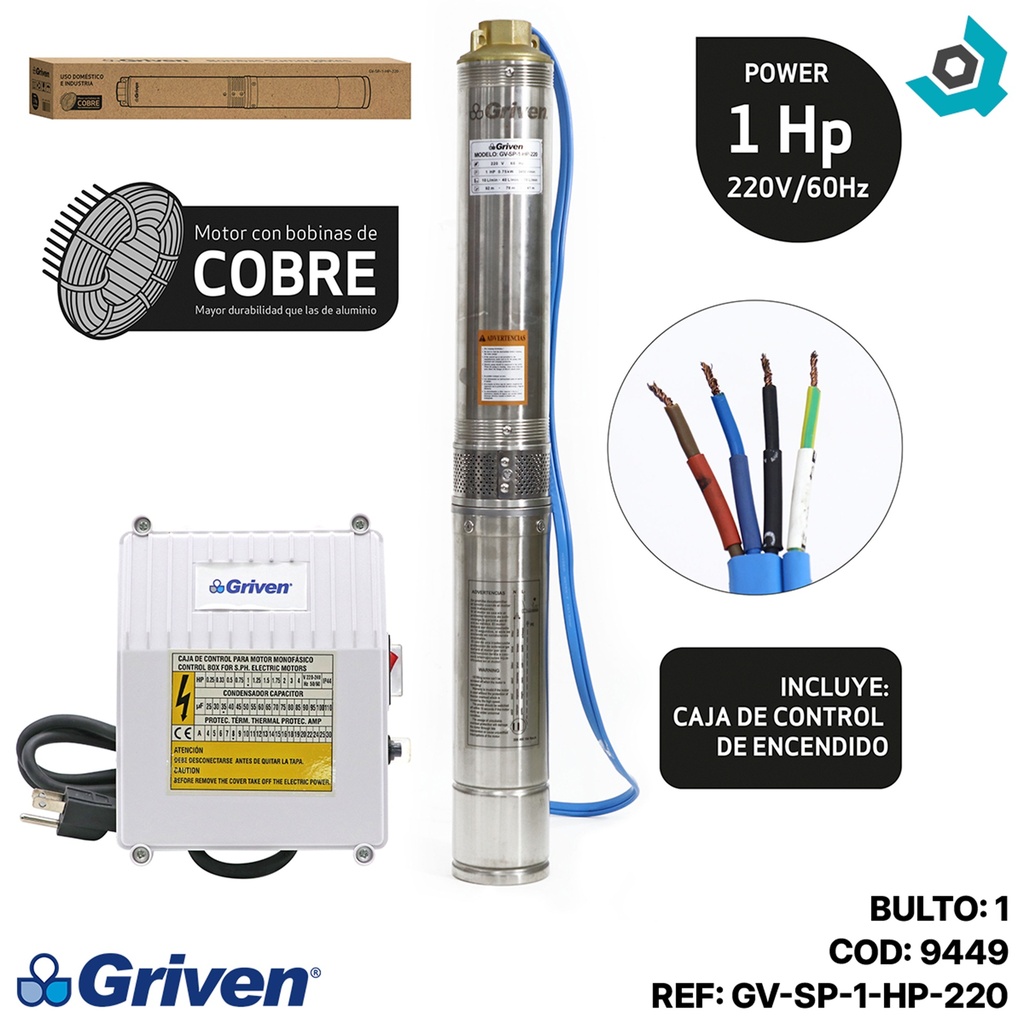 BOMBA DE AGUA 1HP SUMERGIBLE 220V GRIVEN