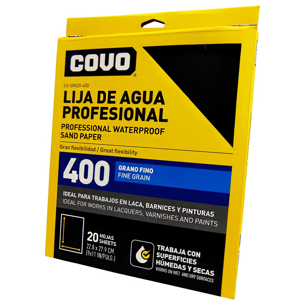 LIJA DE AGUA 9" X 11" GRANO 400 FINO COVO