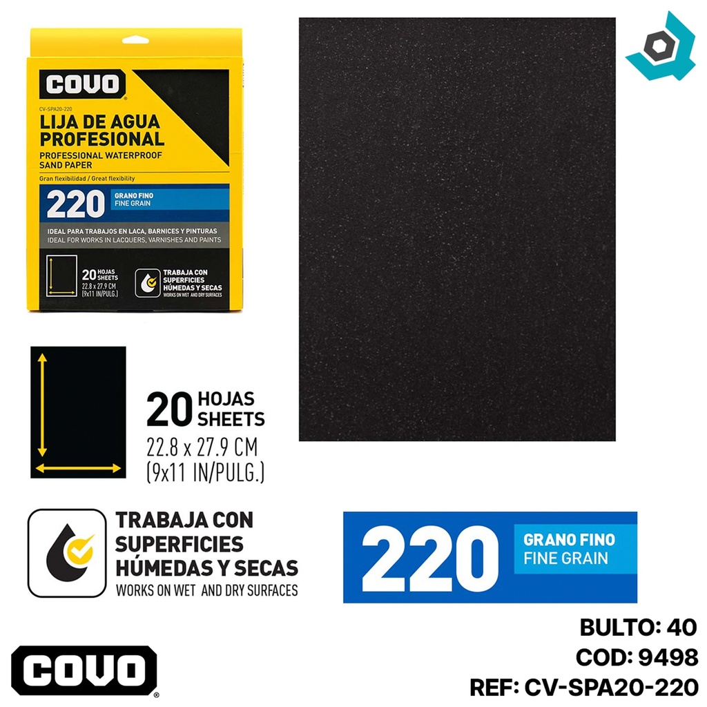 LIJA DE AGUA 9" X 11" GRANO 220 FINO COVO