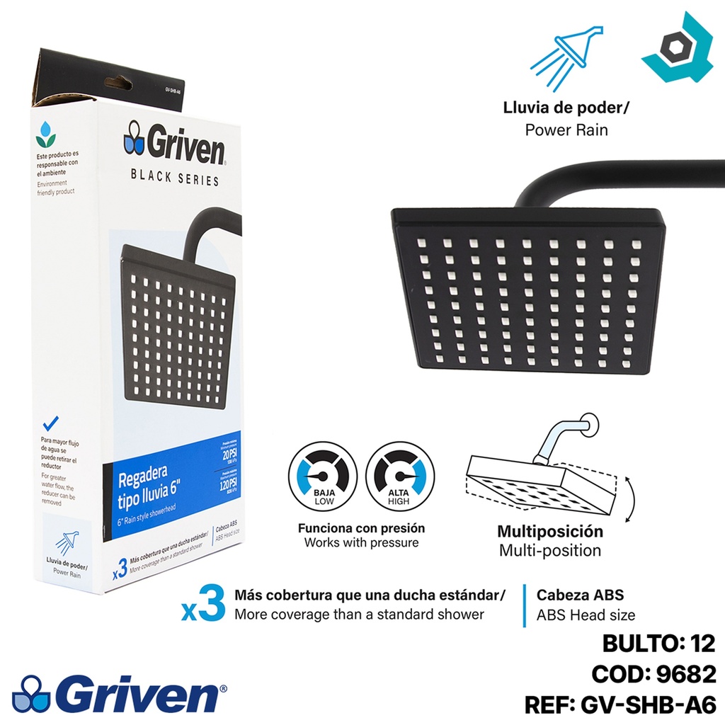 REGADERA PARA BANO 6" CUADRADA NEGRO GRIVEN BLACK