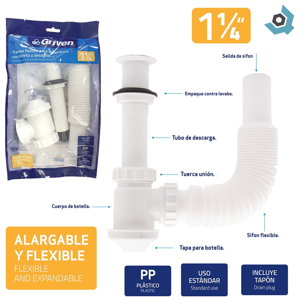 DESAGUE CON SIFON FLEXIBLE 1 1/4" PARA LAVAMANOS GRIVEN