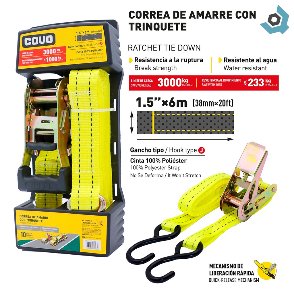 CORREA DE AMARRE CON TRINQUETE 3000KG X 6M COVO
