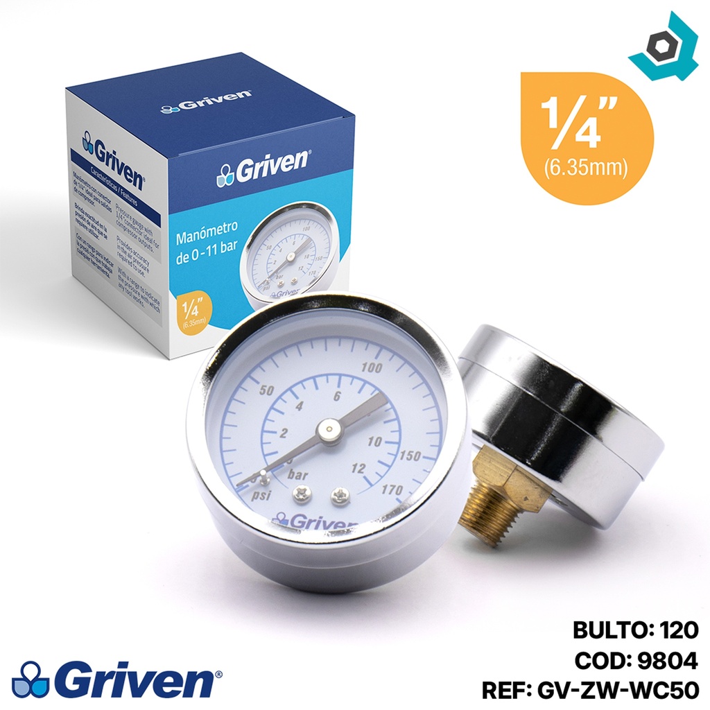 MANOMETRO 1/4" 170PSI GRIVEN