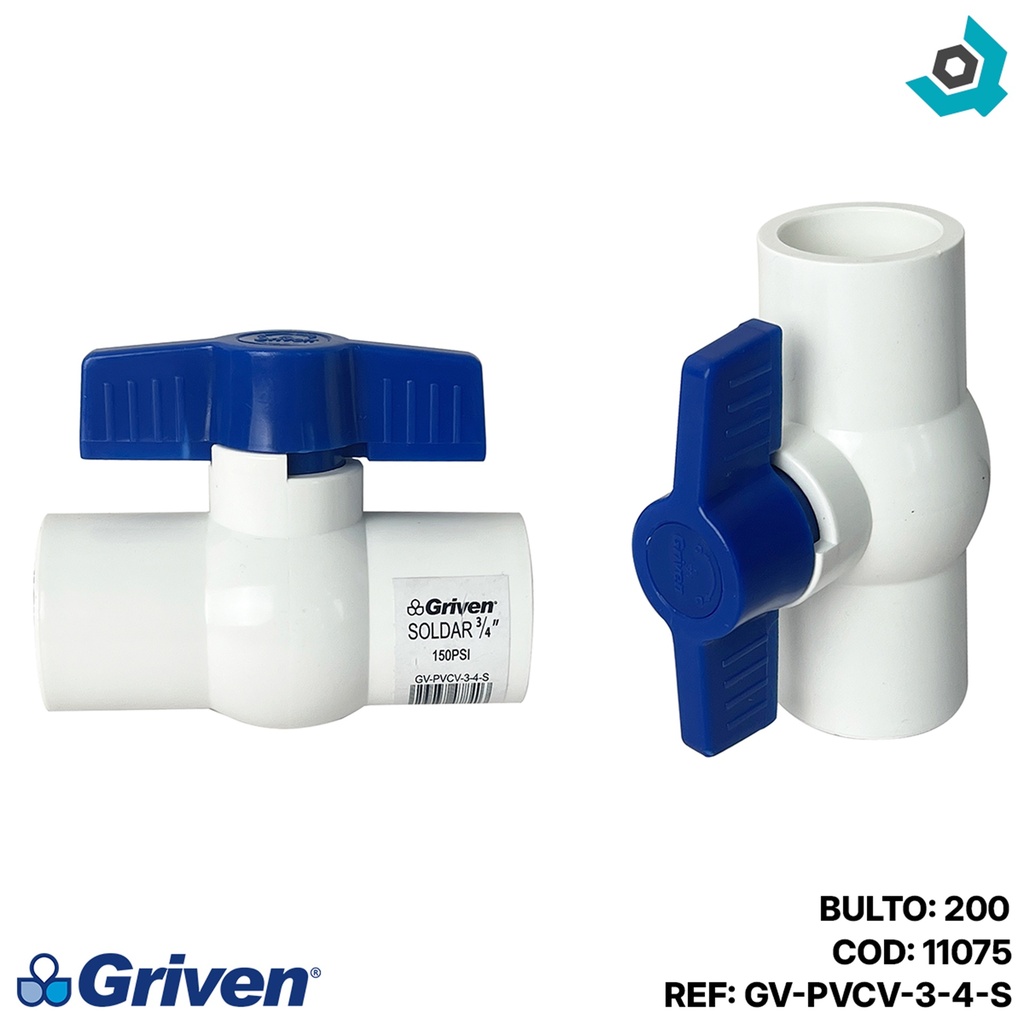 VALVULA 3/4" DE PVC SIN ROSCA GRIVEN
